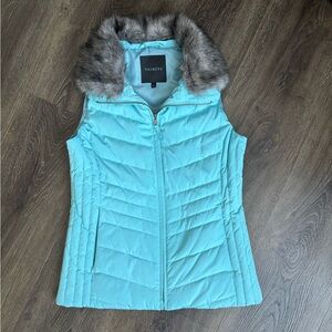 Talbots. New. Women's Aqua Quilted Vest with Faux Fur Collar